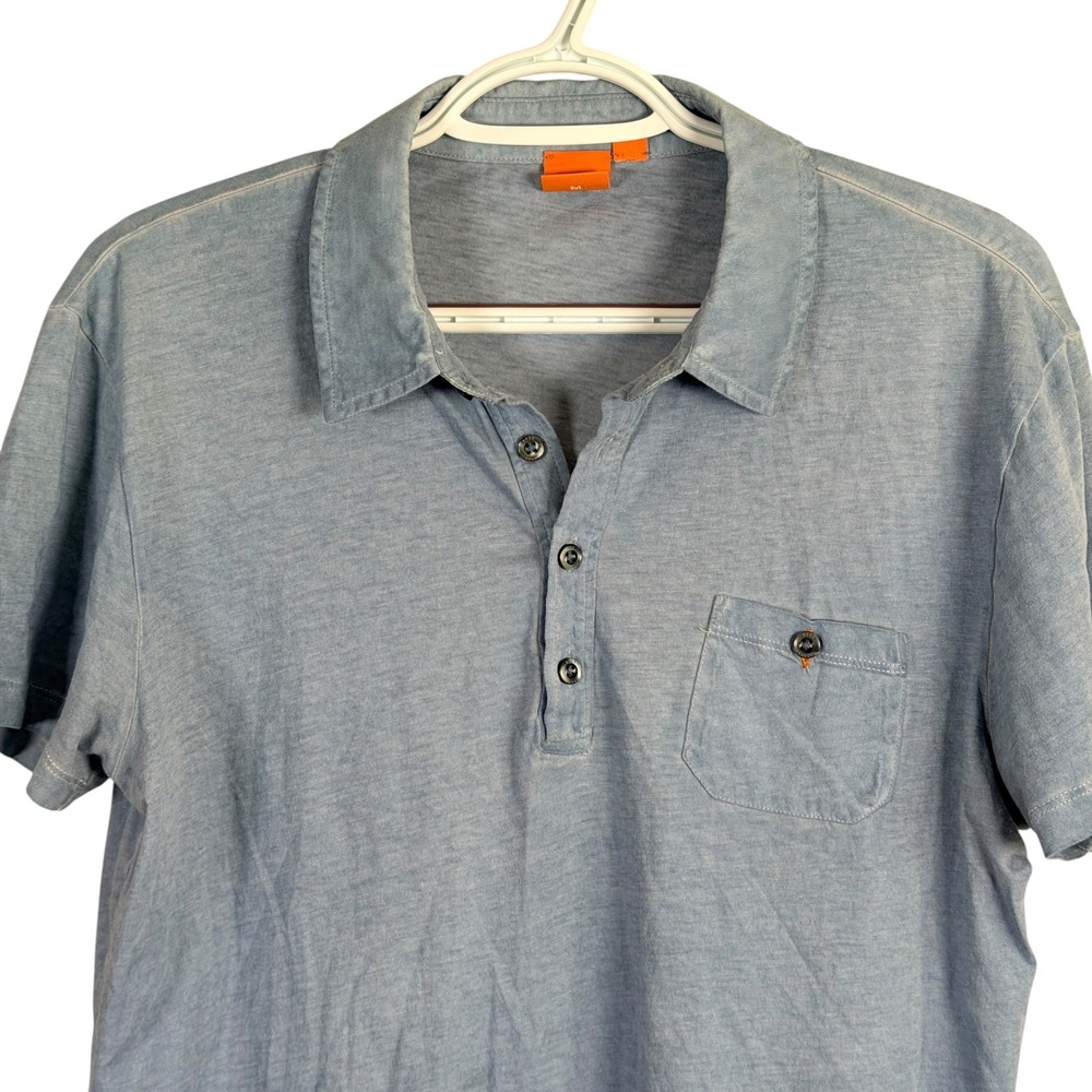 Hugo Boss Orange Lightweight Polo Shirt Mens M Blue Slub S/S Pocket Logo read